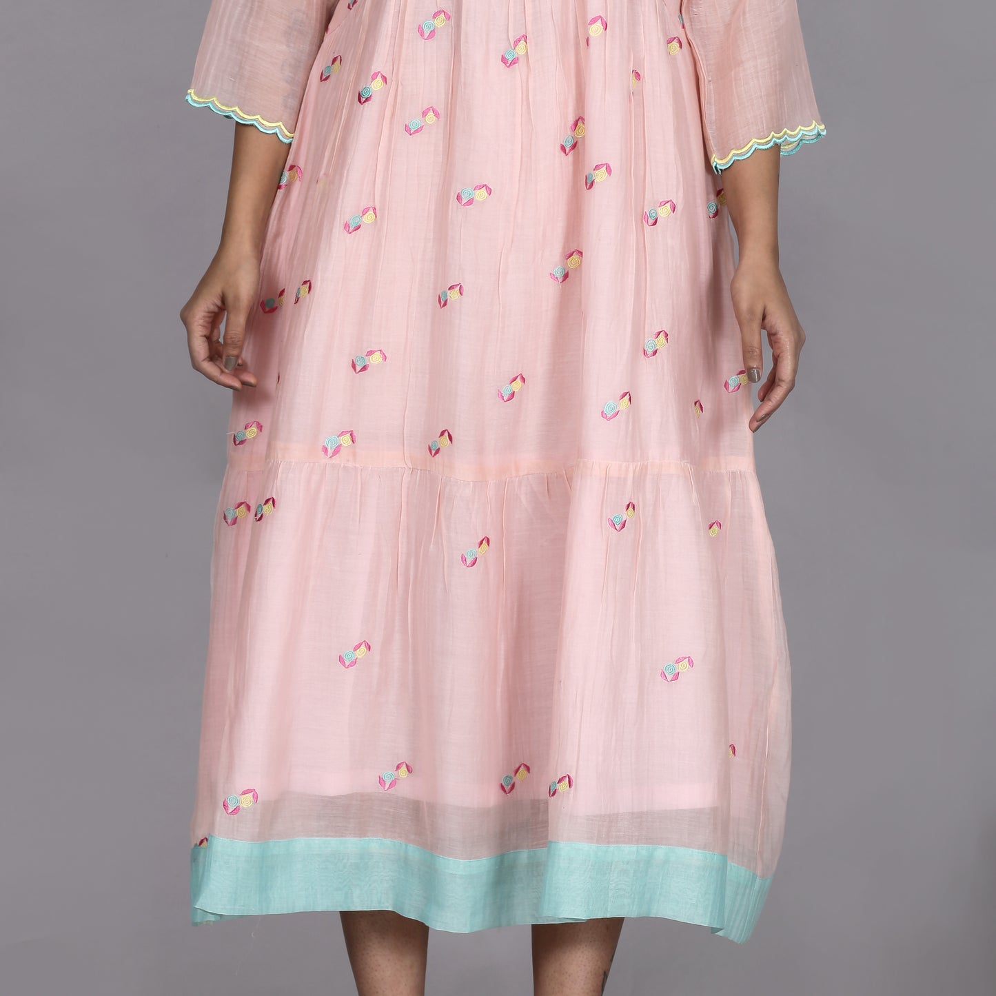 Peach Chanderi gathered dress with Embroidery