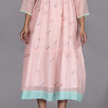 Peach Chanderi gathered dress with Embroidery