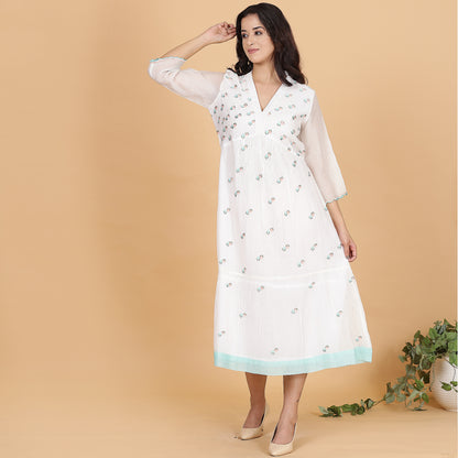 White Chanderi gathered dress with Embroidery