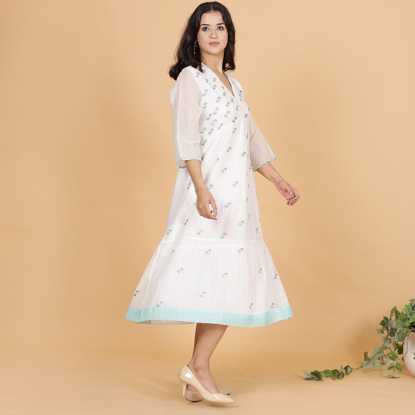 White Chanderi gathered dress with Embroidery