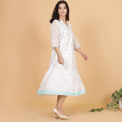 White Chanderi gathered dress with Embroidery