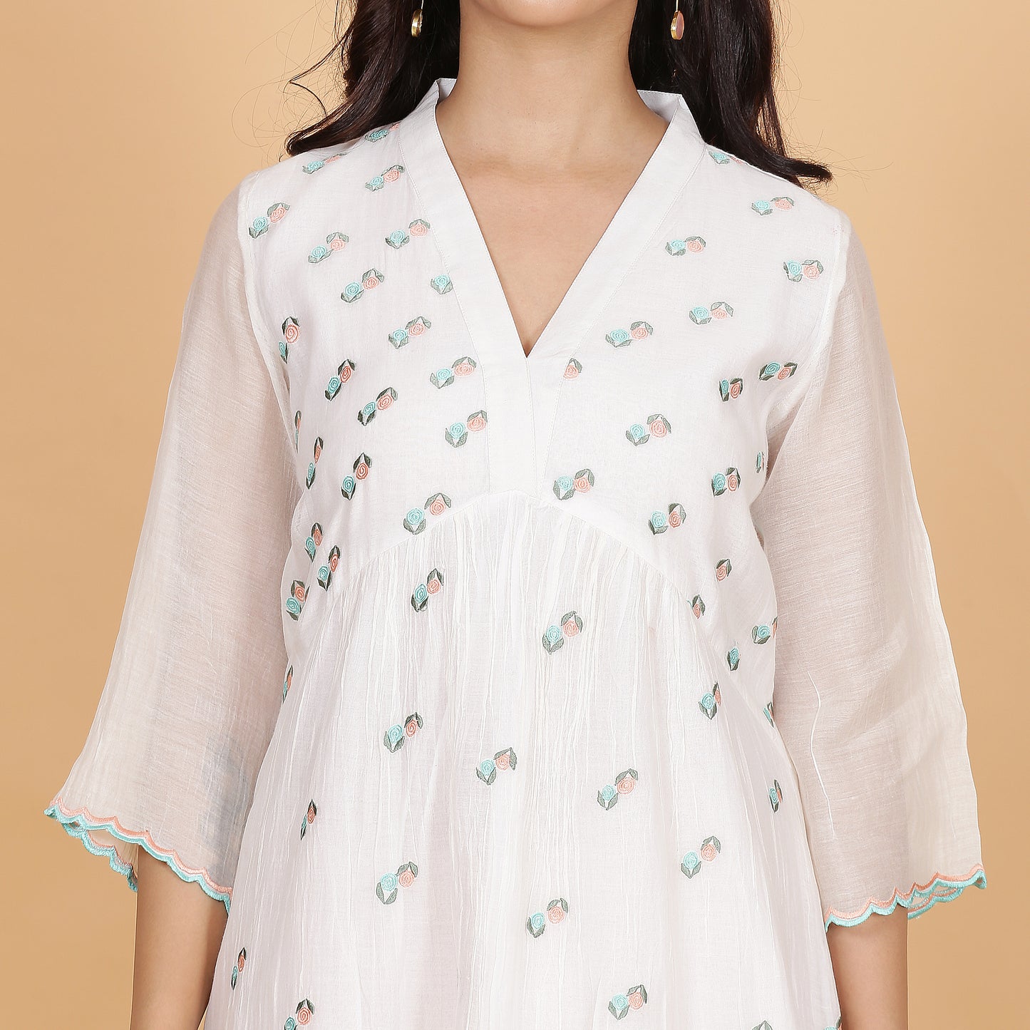 White Chanderi gathered dress with Embroidery