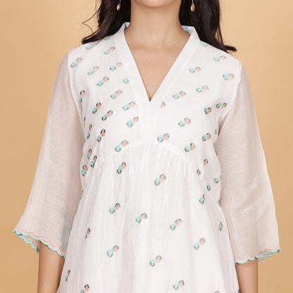 White Chanderi gathered dress with Embroidery