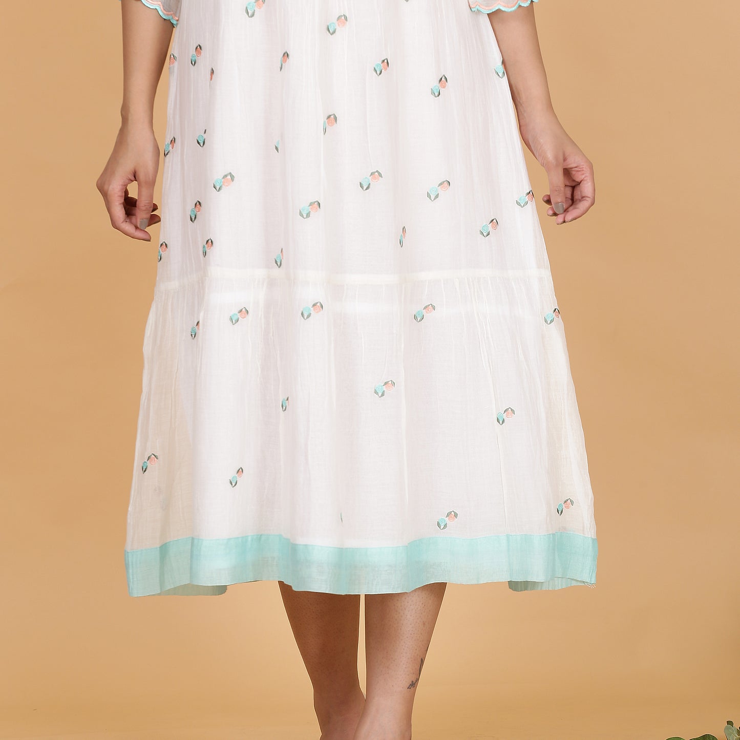 White Chanderi gathered dress with Embroidery
