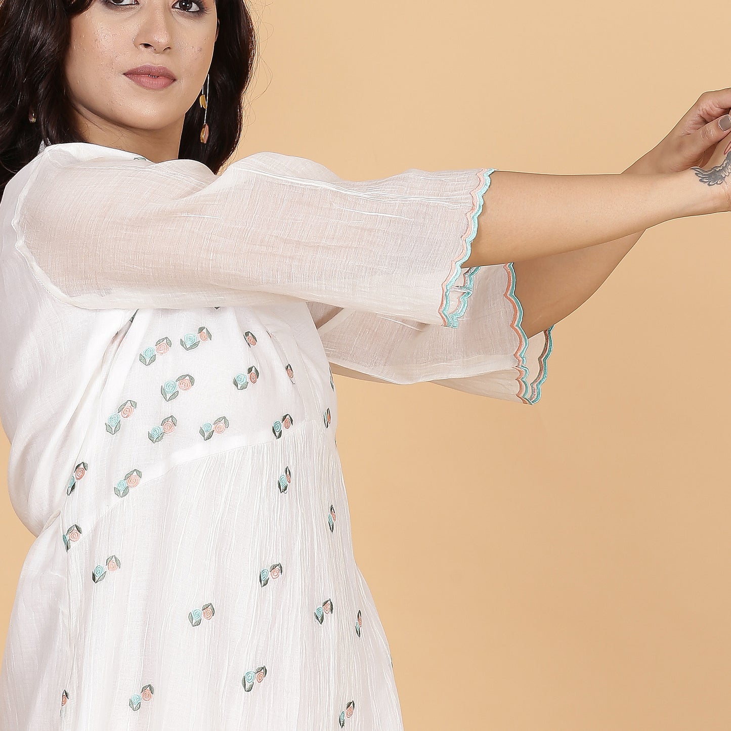 White Chanderi gathered dress with Embroidery