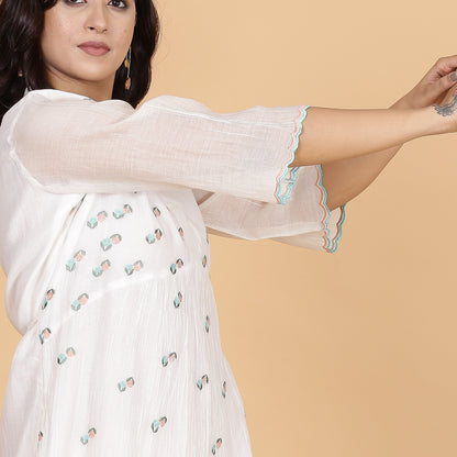 White Chanderi gathered dress with Embroidery