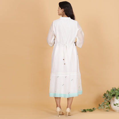 White Chanderi gathered dress with Embroidery