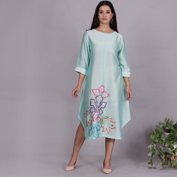 Aqua Chanderi straight dress with slip (2pcs set)