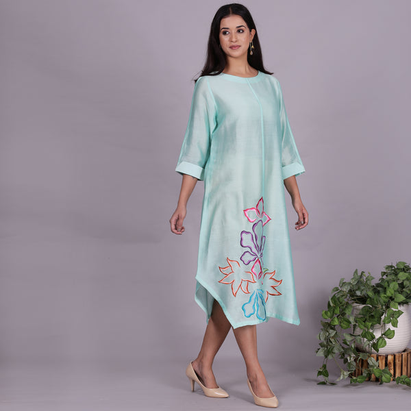 Aqua Chanderi straight dress with slip (2pcs set)