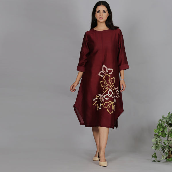 Maroon Chanderi straight dress with slip (2pcs set)