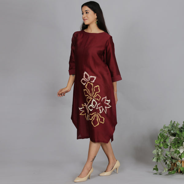 Maroon Chanderi straight dress with slip (2pcs set)