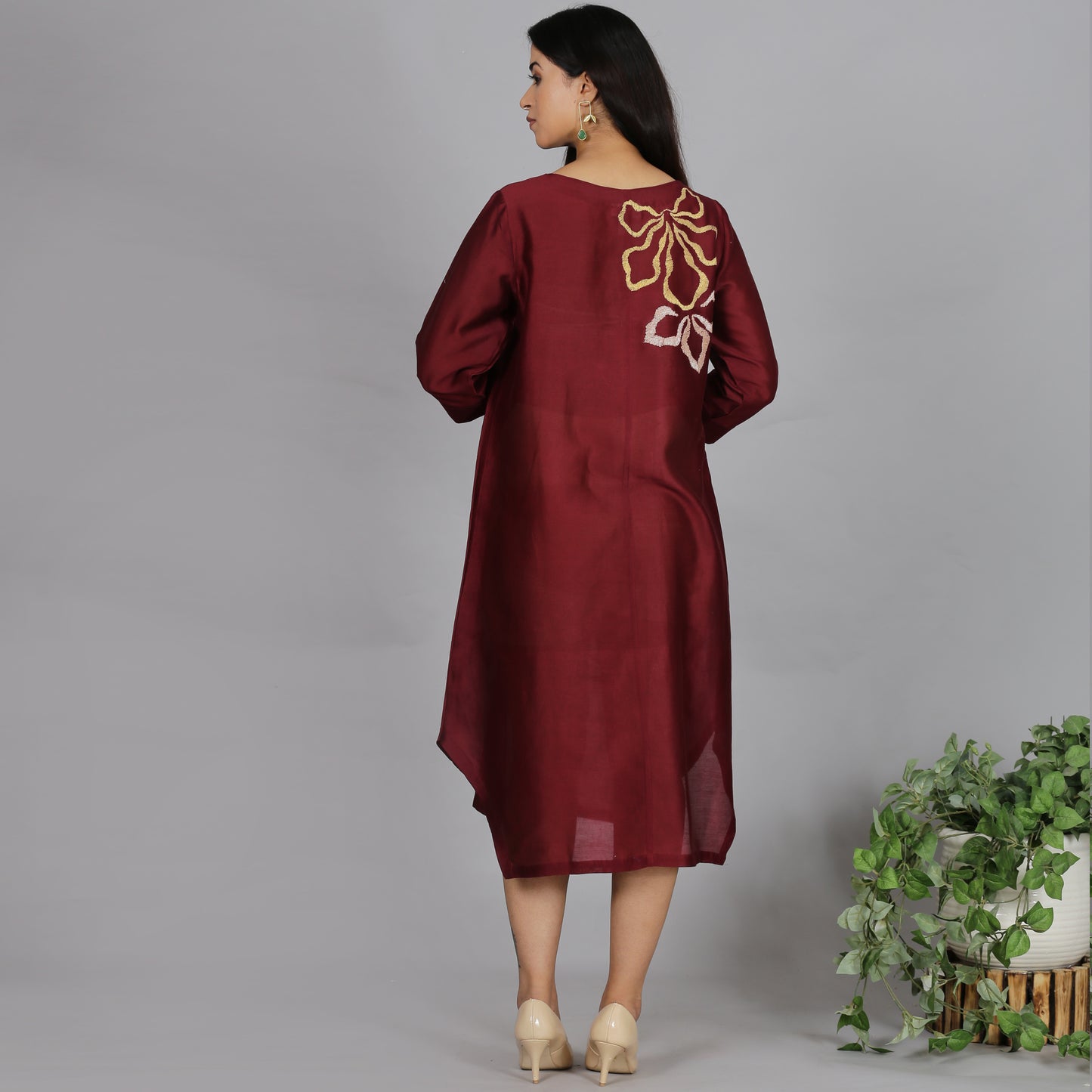 Maroon Chanderi straight dress with slip (2pcs set)