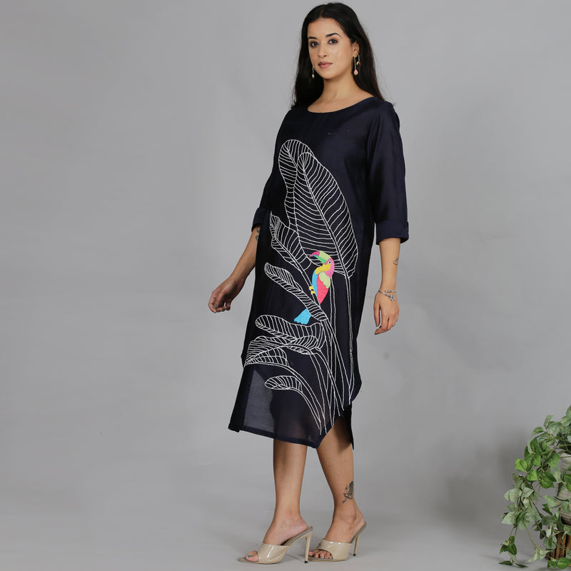 Navy Blue Chanderi straight dress with slip (2pcs set)