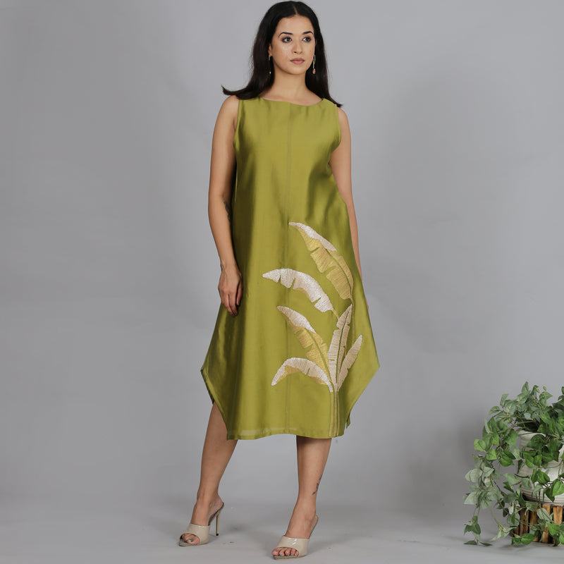 Olive Green Chanderi straight dress with slip (2pcs set)