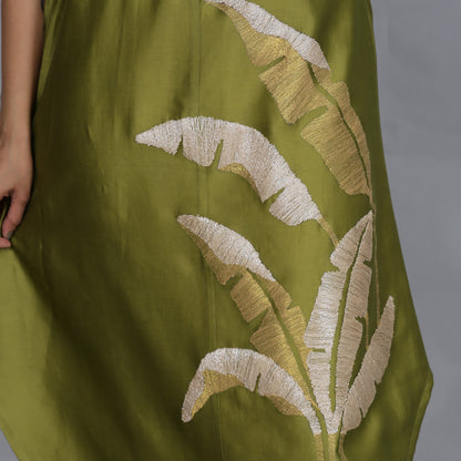 Olive Green Chanderi straight dress with slip (2pcs set)