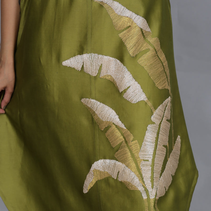 Olive Green Chanderi straight dress with slip (2pcs set)