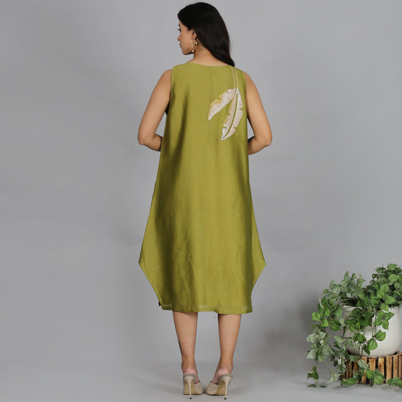 Olive Green Chanderi straight dress with slip (2pcs set)