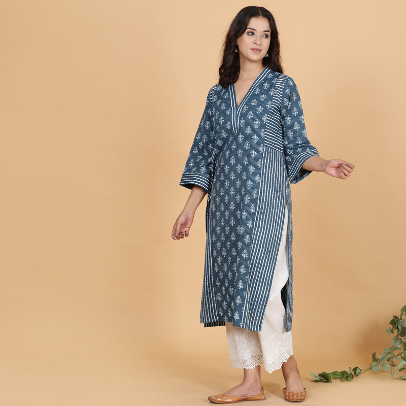 Kantha Indigo Panelled A-line kurta