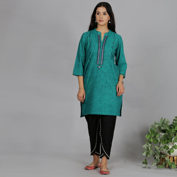 Teal Solid short kurta with neck detailing