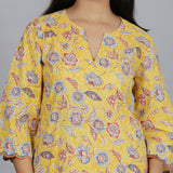 Yellow floral printed kurta with organza detailing