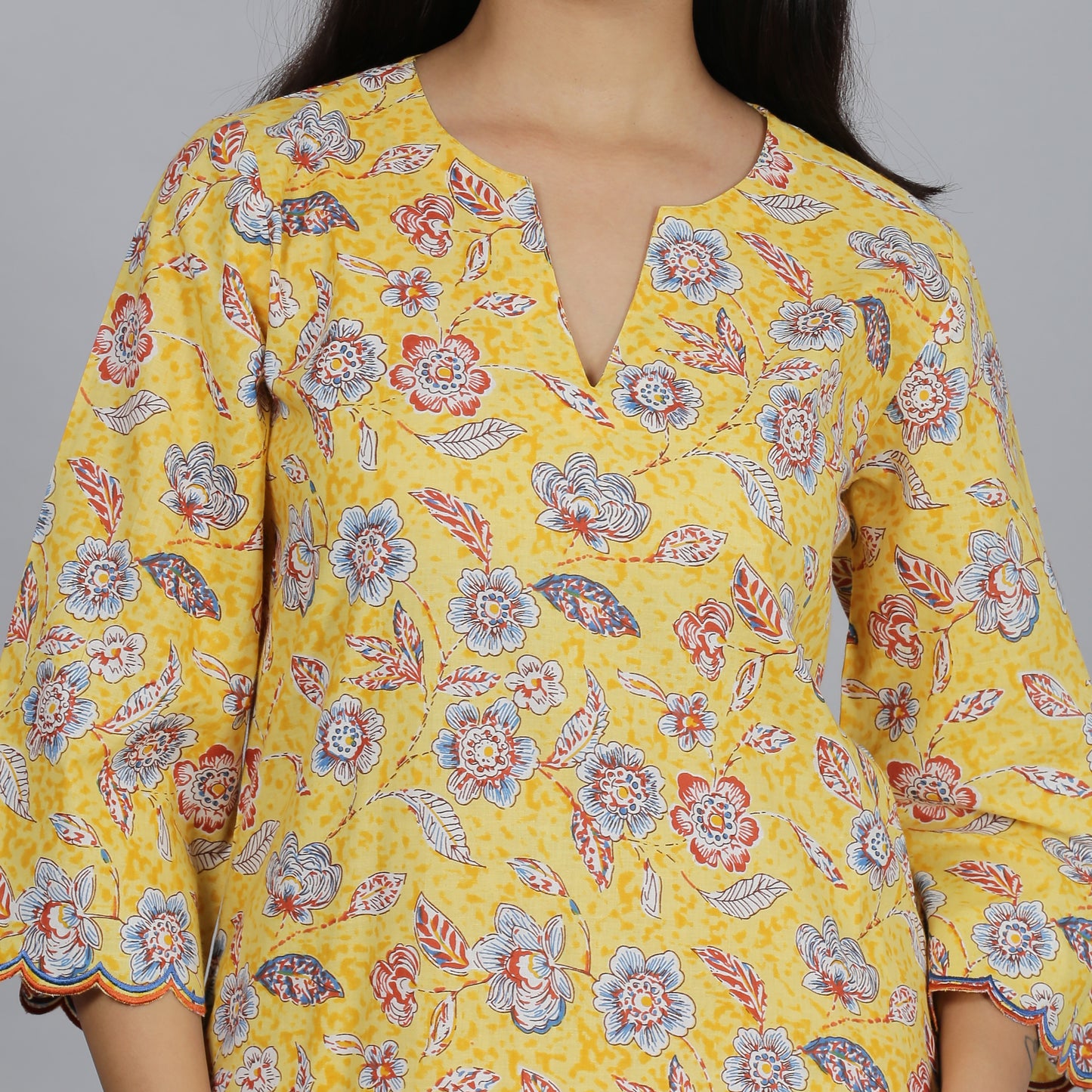 Yellow printed A-line kurta set with Organza detailing