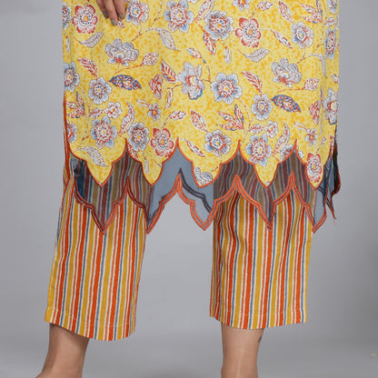 Yellow printed A-line kurta set with Organza detailing