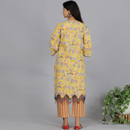 Yellow printed A-line kurta set with Organza detailing