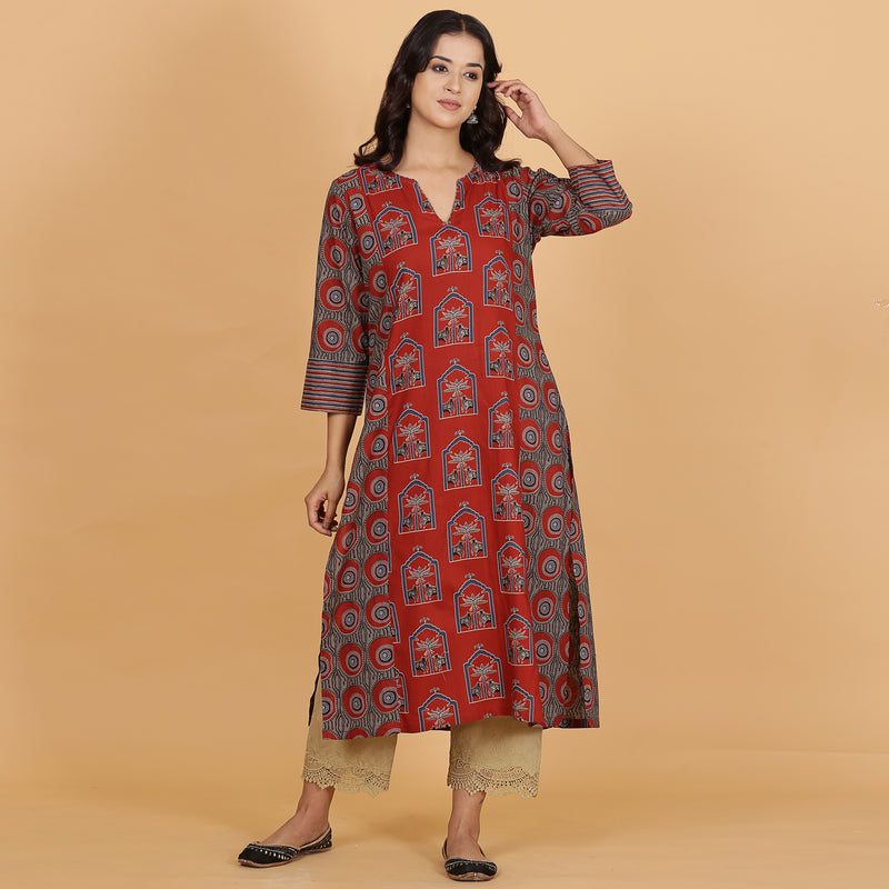 Red printed Cotton Side Panelled A-line kurta