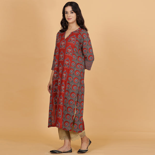 Red printed Cotton Side Panelled A-line kurta