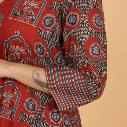Red printed Cotton Side Panelled A-line kurta