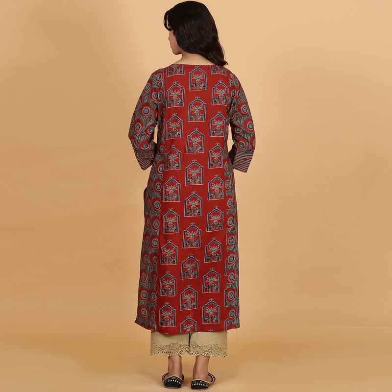 Red printed Cotton Side Panelled A-line kurta