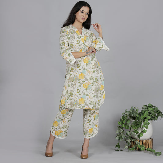 Yellow floral printed cotton flax co-ord set