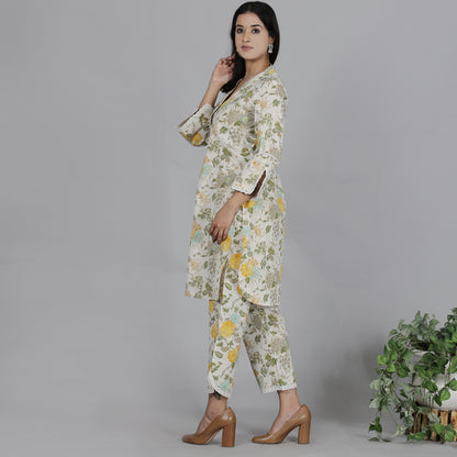 Yellow floral printed cotton flax co-ord set