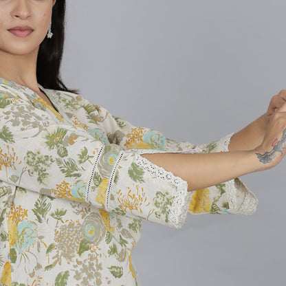 Yellow floral printed cotton flax co-ord set