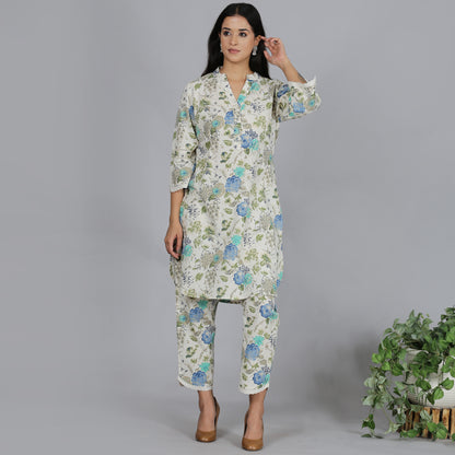 Blue floral printed cotton flax co-ord set