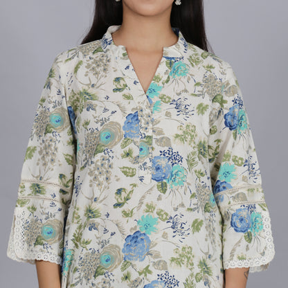 Blue floral printed cotton flax co-ord set