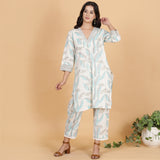 Aqua leaves printed A-line kurta set