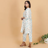 Aqua leaves printed A-line kurta set