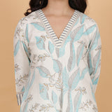 Aqua leaves printed A-line kurta set