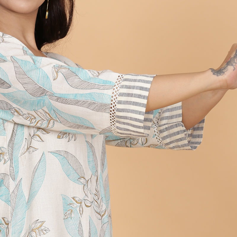 Aqua leaves printed A-line kurta set