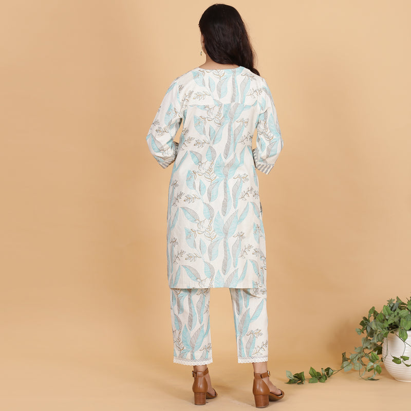 Aqua leaves printed A-line kurta set