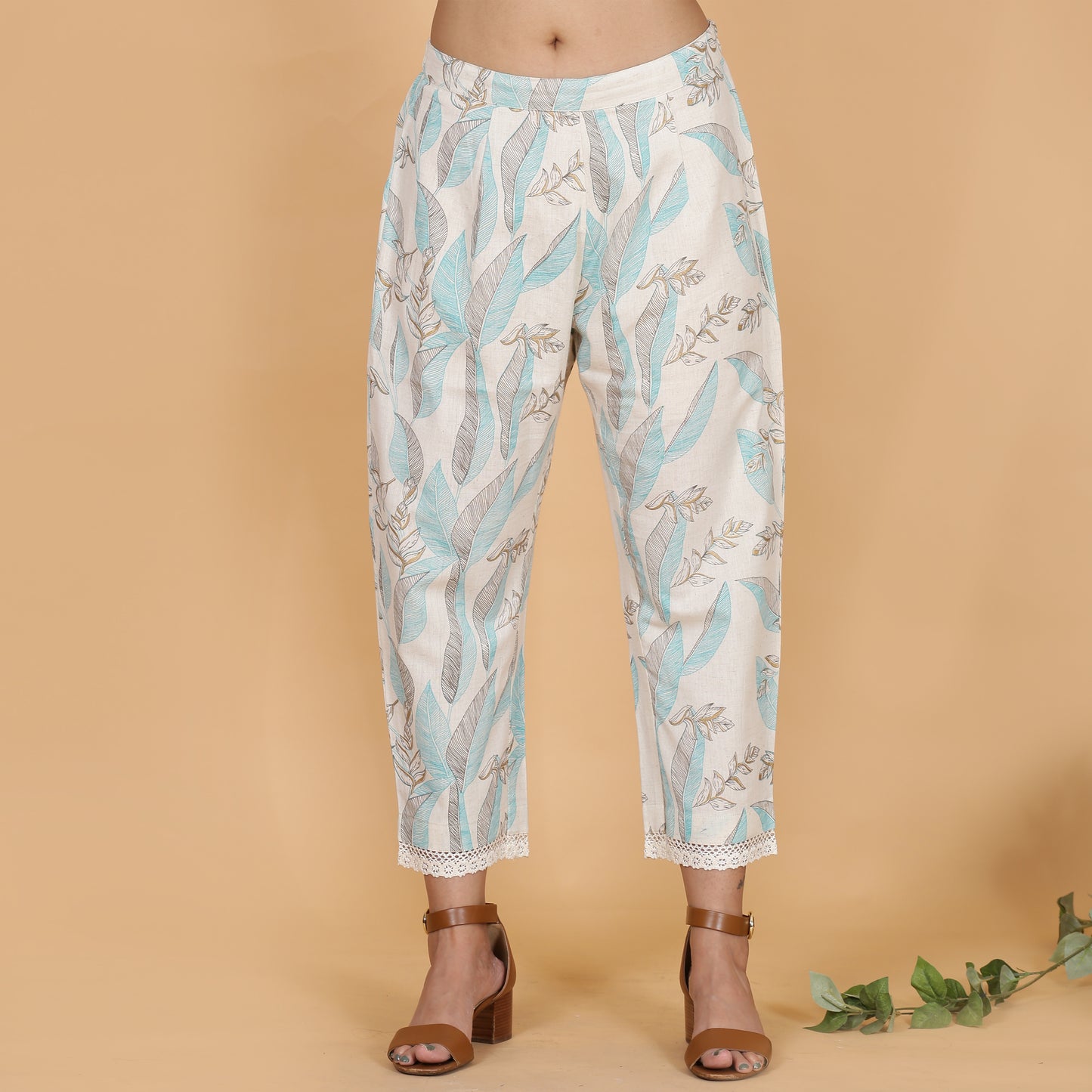 Aqua leaves printed A-line kurta set