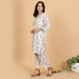 Purple leaves printed A-line kurta set