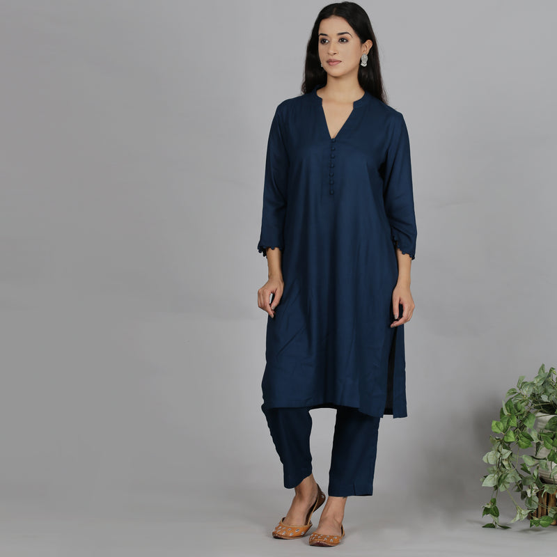 Blue Solid Viscose kurta set