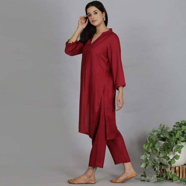 Red Solid Viscose kurta set