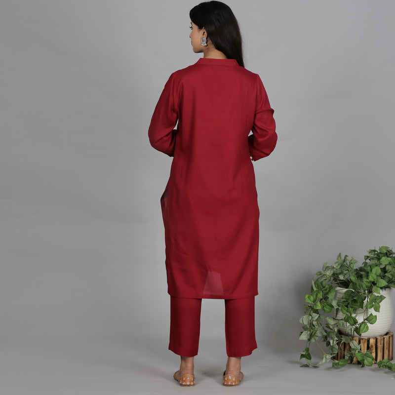 Red Solid Viscose kurta set