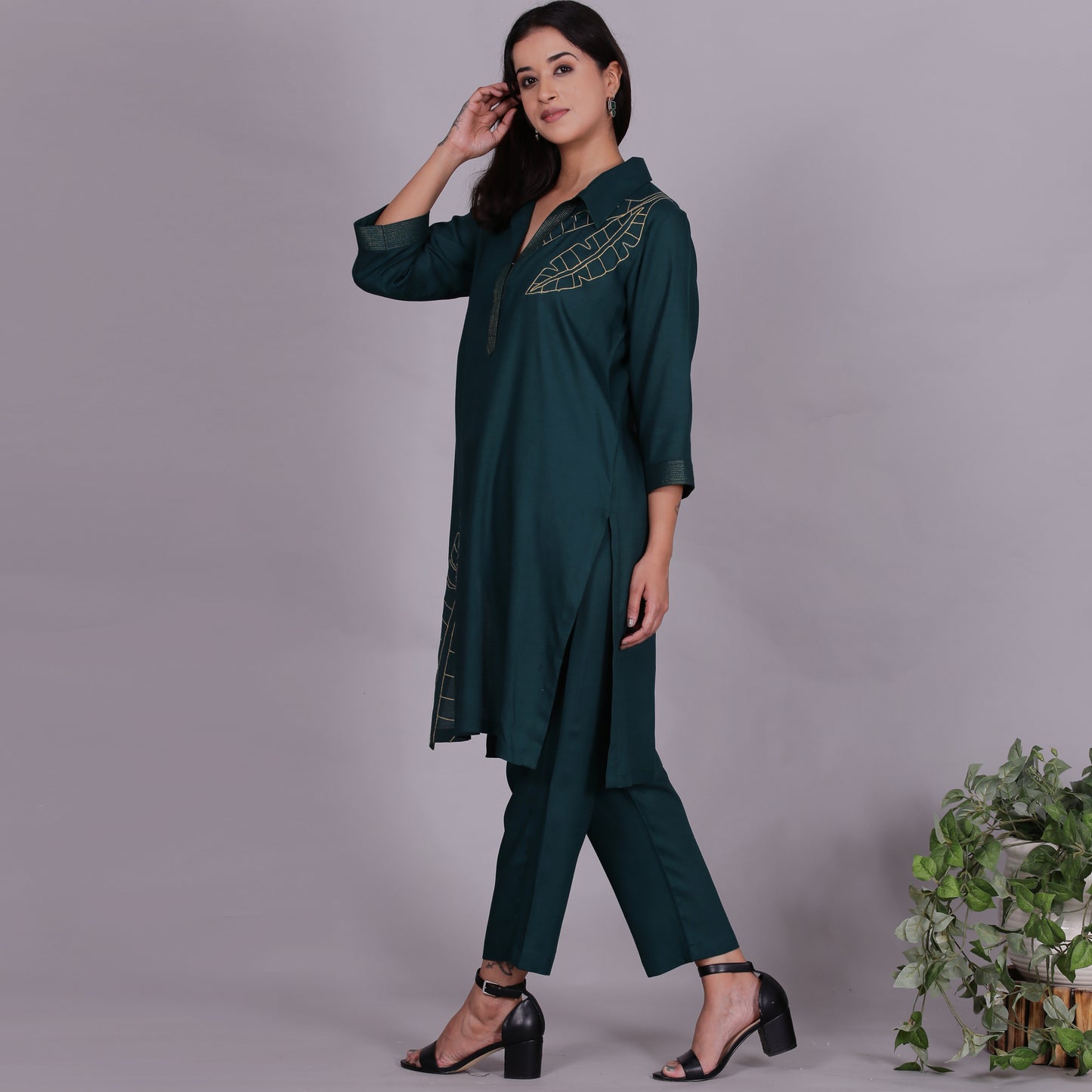 Green Embroidered Viscose cotton co-ord set