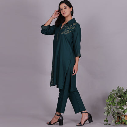 Green Embroidered Viscose cotton co-ord set