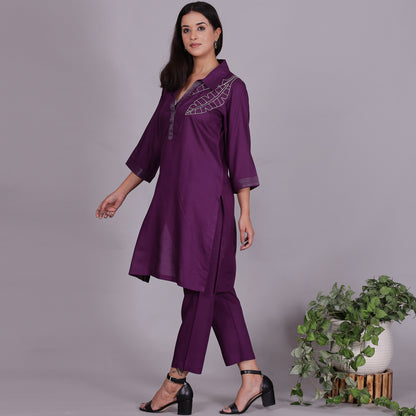 Purple Embroidered Viscose cotton co-ord set