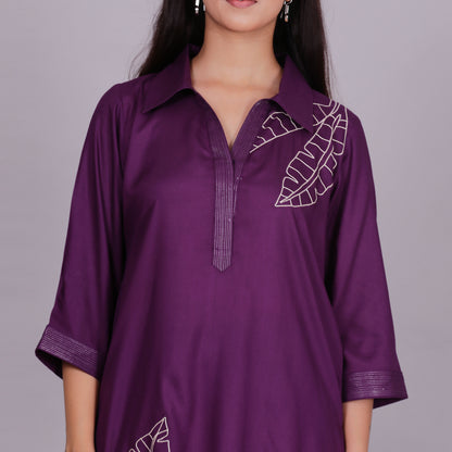 Purple Embroidered Viscose cotton co-ord set